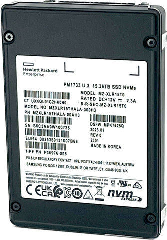 Samsung / HPE PM1733 MZXLR15THALA P36976-005 15.36TB PCIe Gen 4.0 x4 8GB/s U.3 NVMe 2.5in Solid State Drive