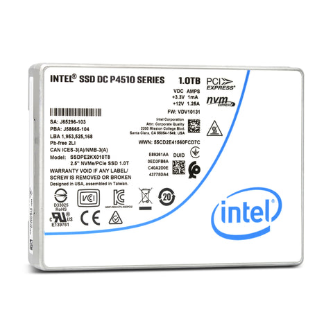 Intel P4510 SSDPE2KX010T801 1TB PCIe Gen 3.1 X4 4GB/s 3D TLC 1DWPD U.2 NVMe 2.5in Recertified Solid State Drive