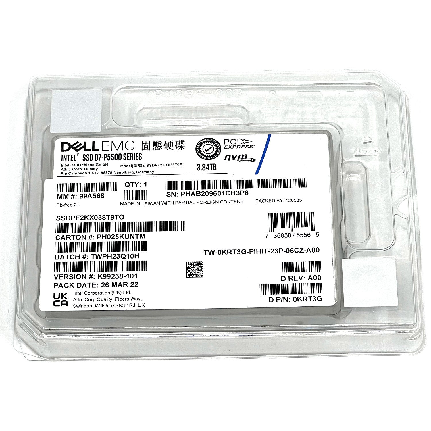 Dell D7-P5500 SSDPF2KX038T9TO 0KRT3G 3.84TB PCIe Gen 4.0 X4 8GB/s 3D TLC 1DWPD U.2 NVMe 2.5in Solid State Drive