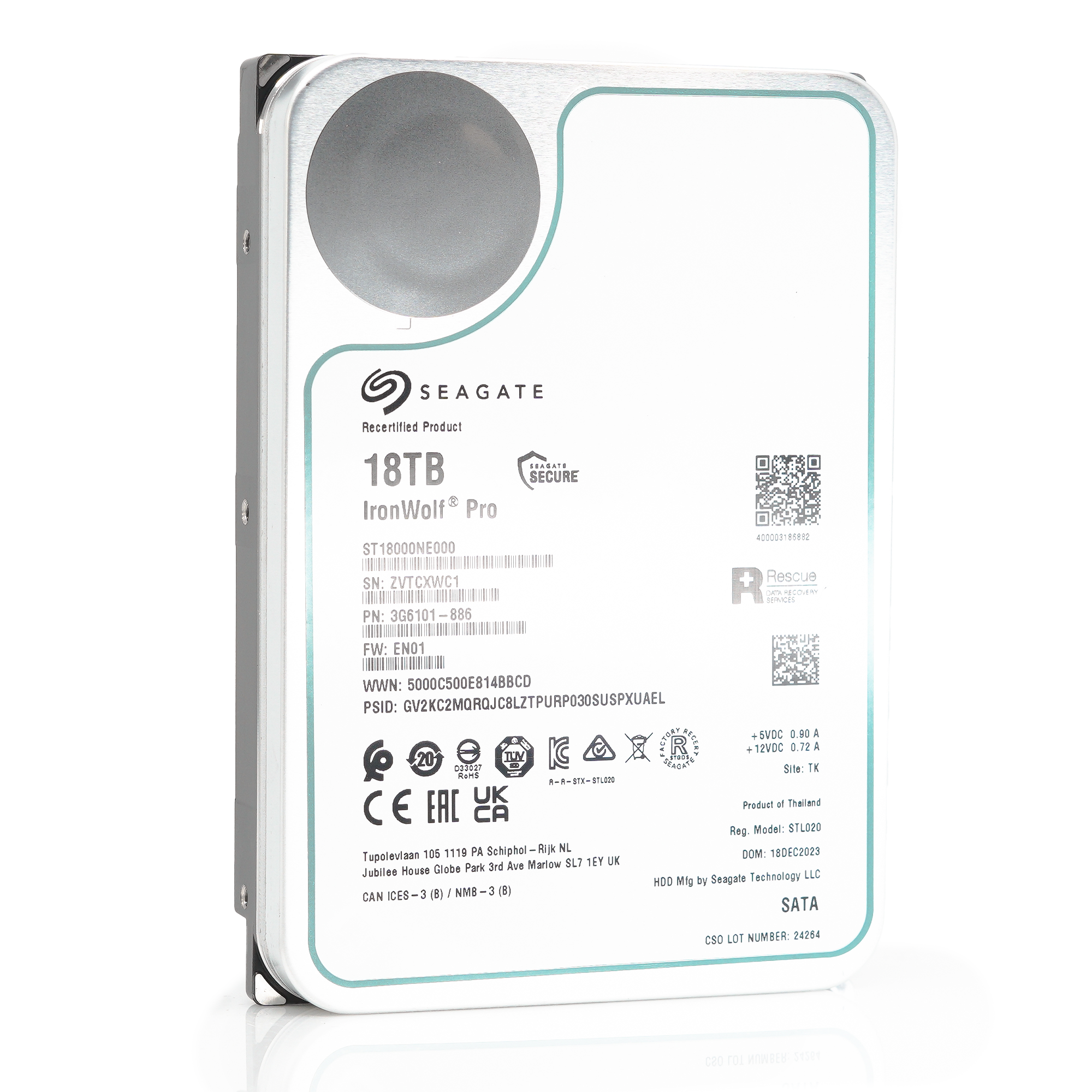 Seagate IronWolf Pro ST18000NE000 18TB 7.2K RPM SATA 6Gb/s 512e 3.5in Recertified Hard Drive - Front Angle View