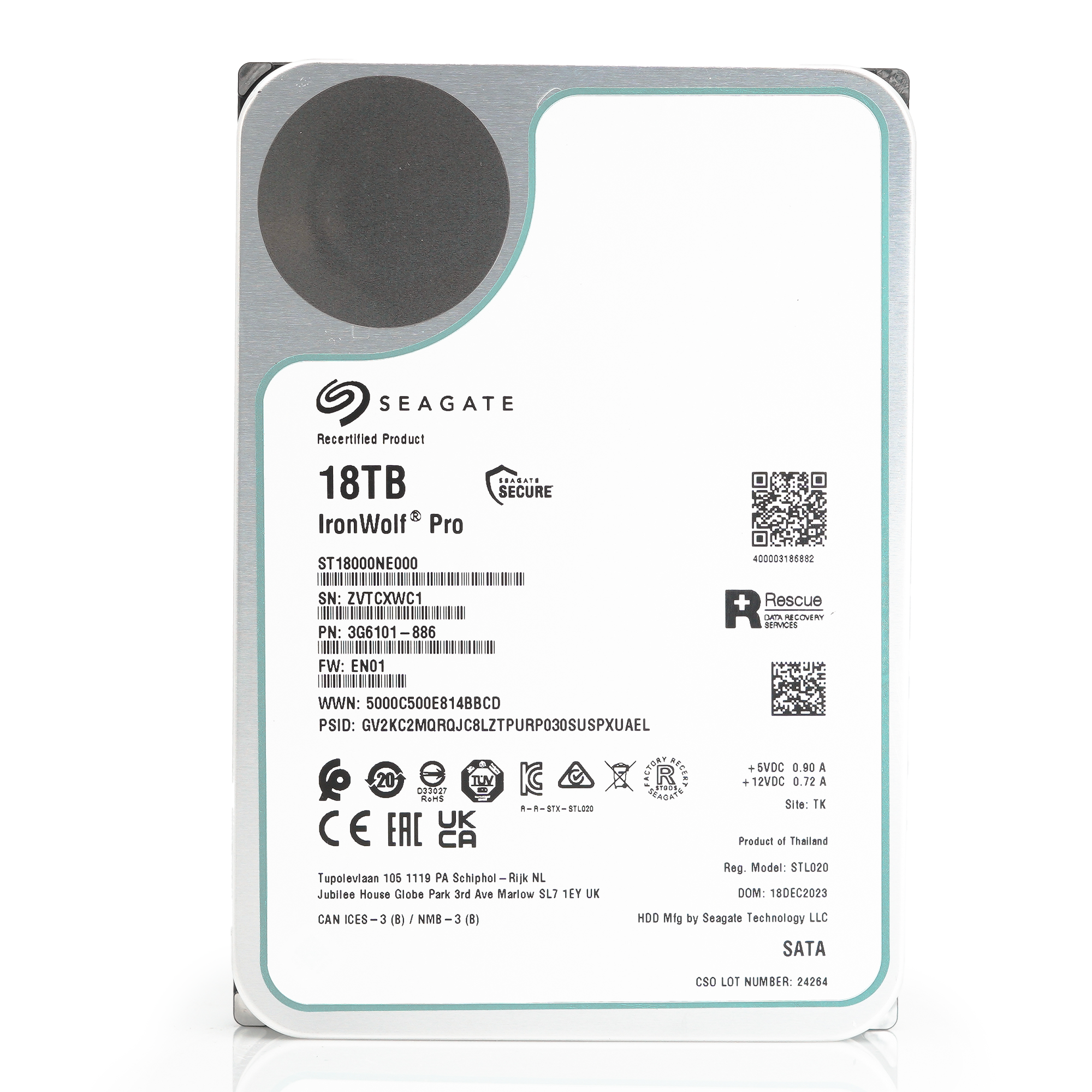 Seagate IronWolf Pro ST18000NE000 18TB 7.2K RPM SATA 6Gb/s 512e 3.5in Recertified Hard Drive - Front View