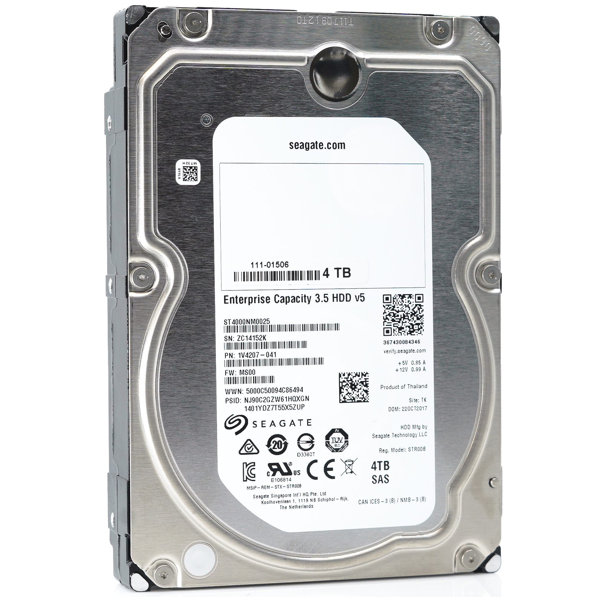 Seagate Exos 7E8 ST4000NM0025 4TB 7.2K RPM SAS 12Gb/s 512n 128MB 3.5" Hard Drive - Front Angle View