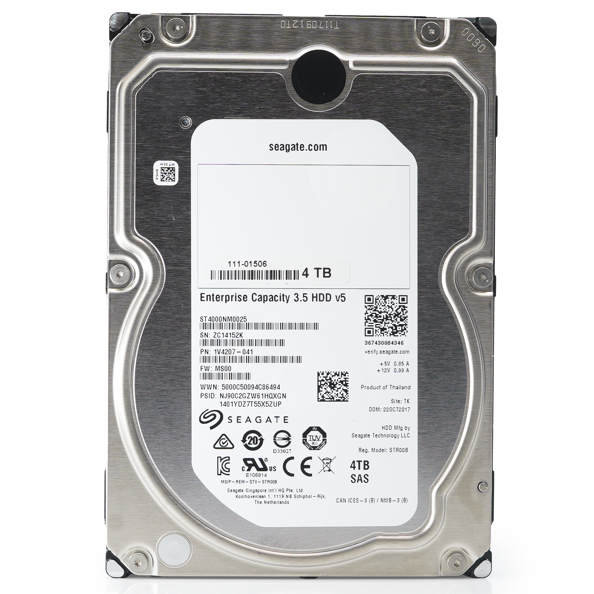 Seagate Exos 7E8 ST4000NM0025 4TB 7.2K RPM SAS 12Gb/s 512n 128MB 3.5" Hard Drive - Front View