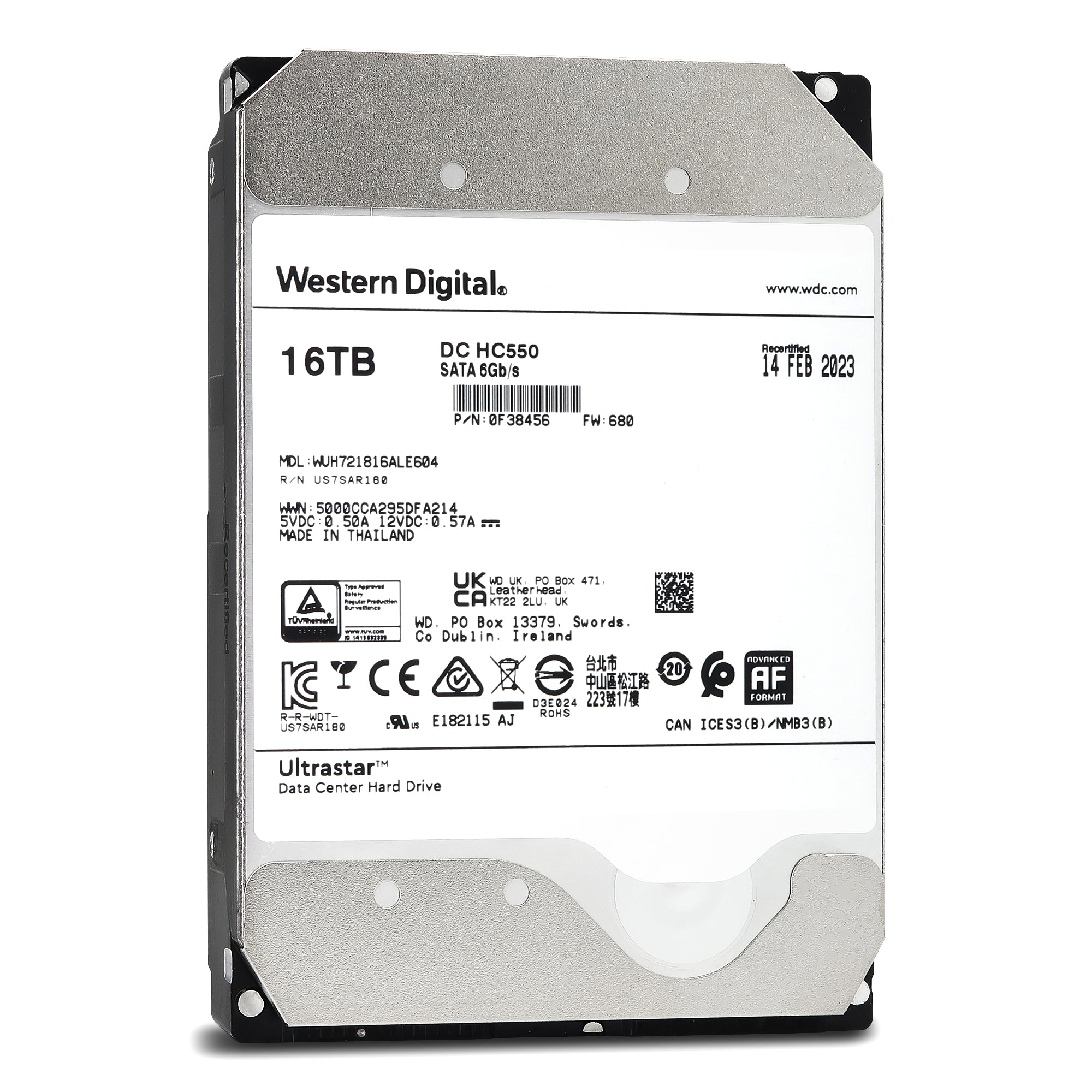 Western Digital Ultrastar DC HC550 WUH721816ALE604 0F38456 16TB 7.2K RPM SATA 6Gb/s 512e Power Disable 3.5in Recertified Hard Drive Front View