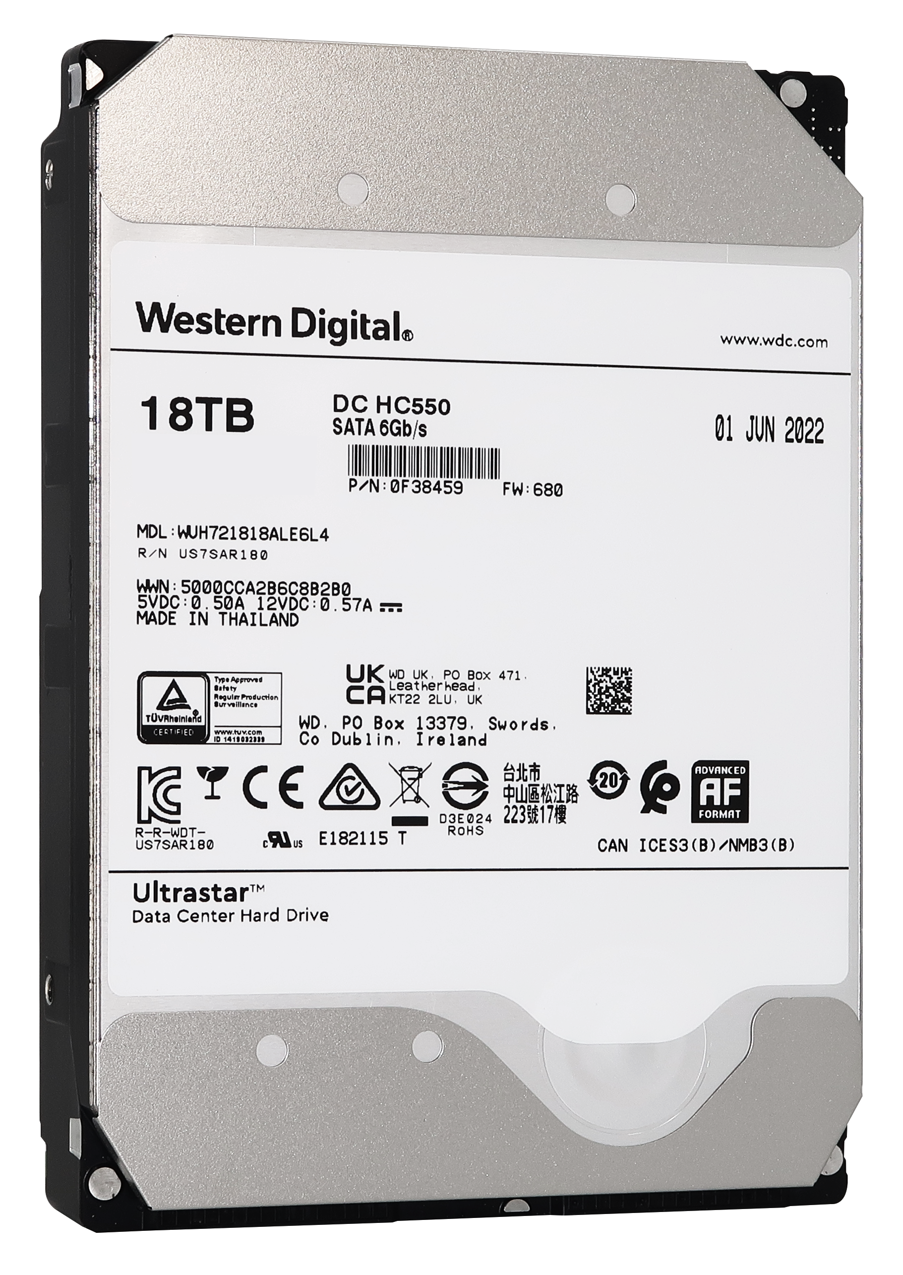 WD Ultrastar 18TB HDD DC HC550 7200RPM SATA 6Gb/s 3.5" Enterprise Hard Drive - WUH721818ALE6L4 (0F38459) - Front View