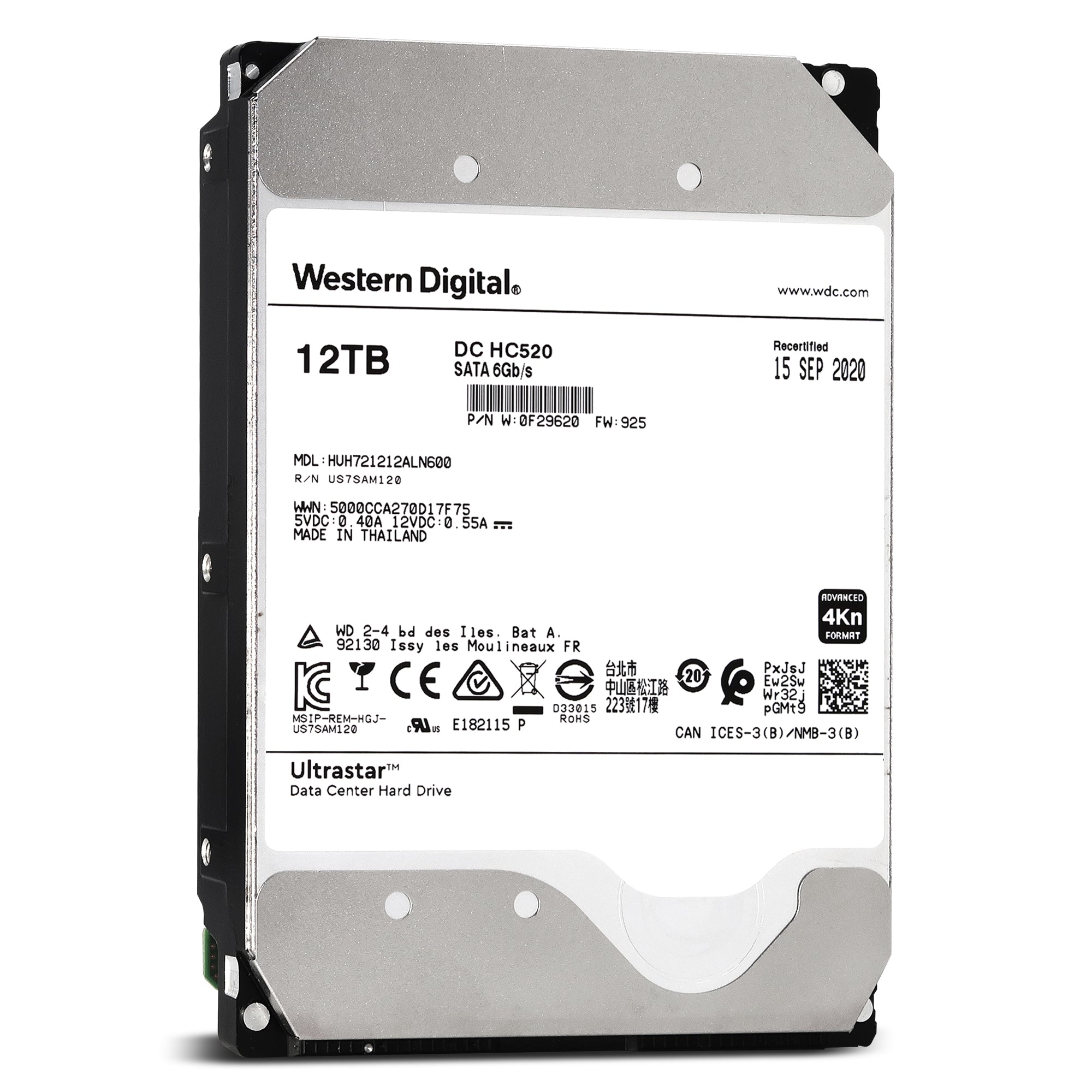 WD Ultrastar HC520 HUH721212ALN600 0F29620 12TB 7.2K RPM SATA 6Gb/s 4Kn 256MB 3.5" ISE Power Disable Pin Manufacturer Recertified HDD - Front View