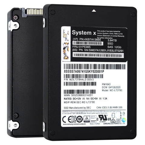 Samsung/Lenovo PM1643 MZILT3T8HALS MZ-ILT3T80 3.84TB SAS 12Gb/s 3D TLC 2.5in Recertified Solid State Drive