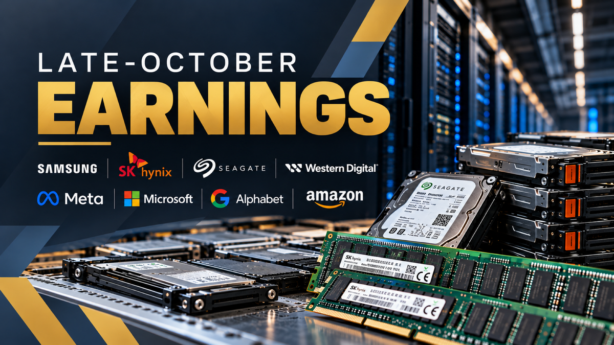 Late-October Earnings graphic with the Samsung, SK hynix, Seagate, Western Digital, Meta, Microsoft, Alphabet and Amazon logos over enterprise hard drives and server memory modules