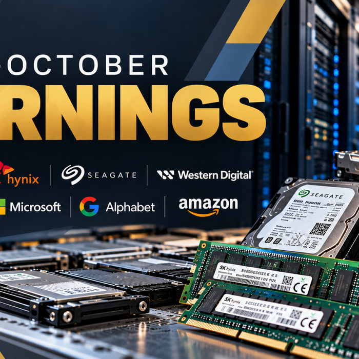 Late-October Earnings graphic with the Samsung, SK hynix, Seagate, Western Digital, Meta, Microsoft, Alphabet and Amazon logos over enterprise hard drives and server memory modules