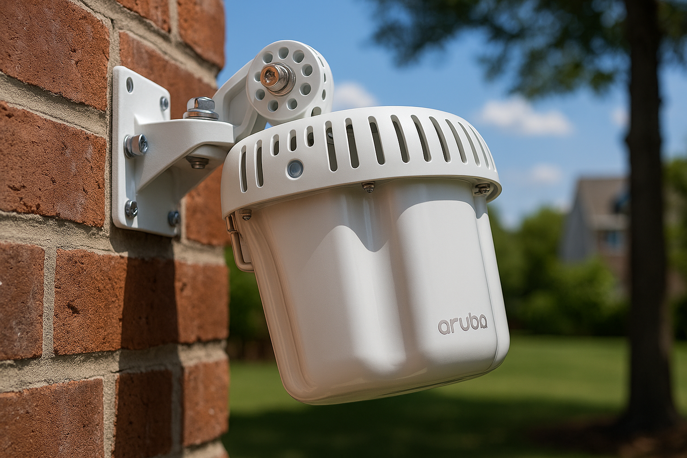 marketing image of an Aruba AP-575 APEX0575 & it's Outdoor Mounting Kit (AP-270-MNT-H3) mounted to a house