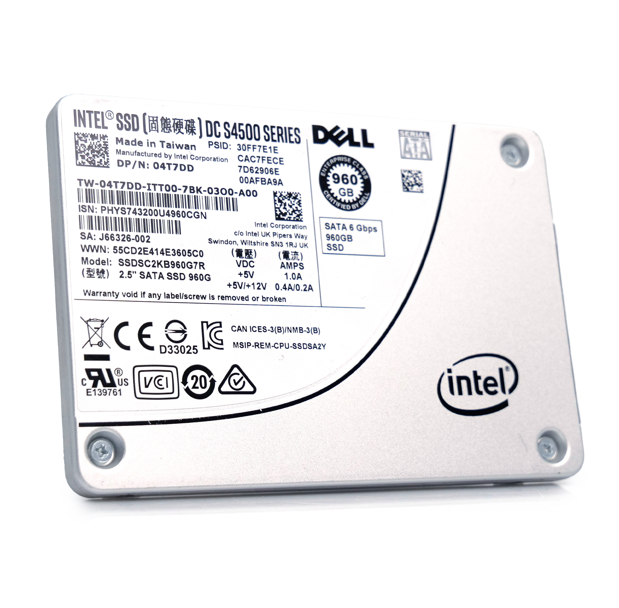 Dell SSDSC2KB960G7R 04T7DD 960GB 7.68 PBW SATA 6Gb/s 3D TLC 2.5in Refurbished Enterprise SSD