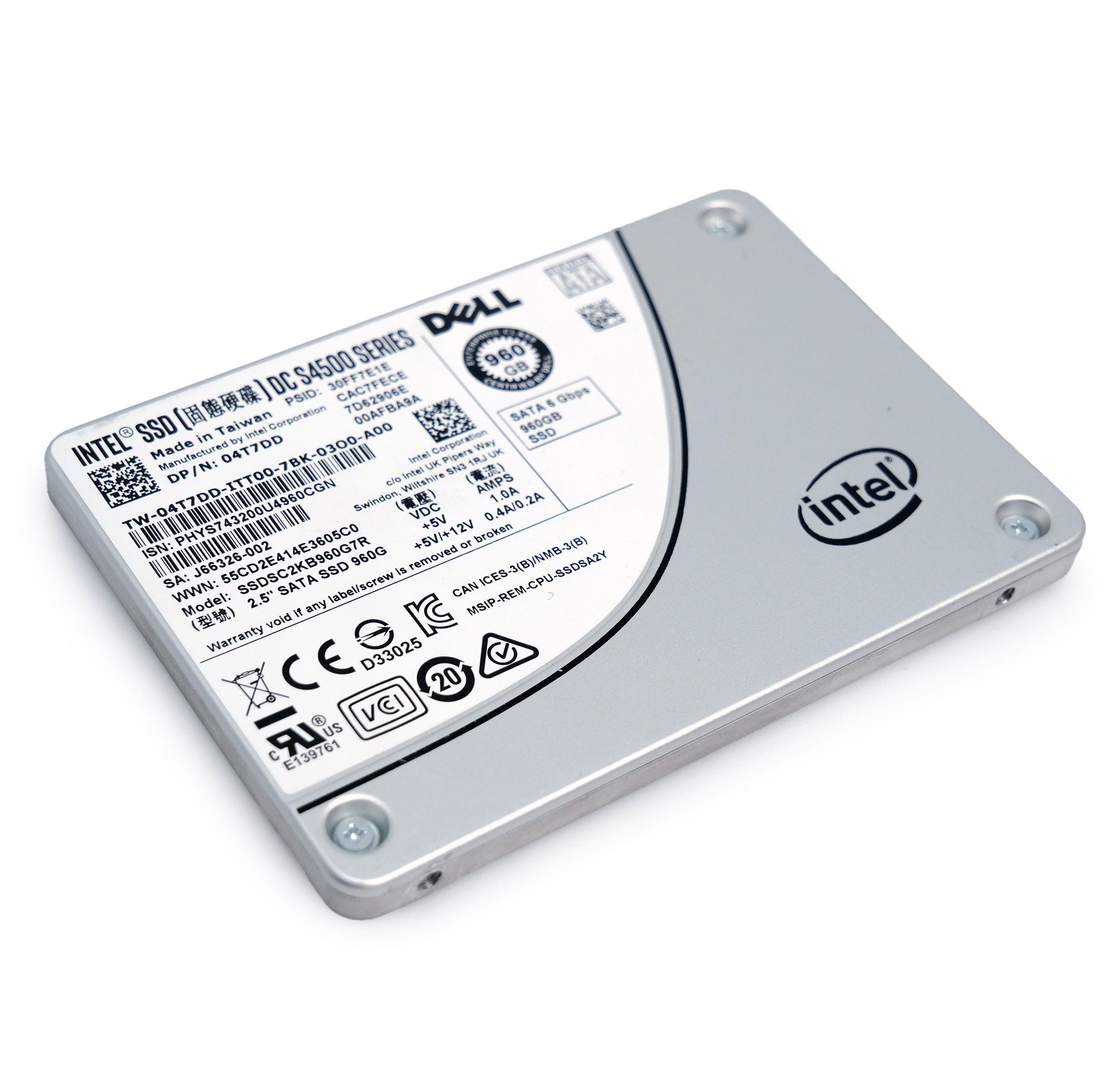 Dell SSDSC2KB960G7R 04T7DD 960GB 7.68 PBW SATA 6Gb/s 3D TLC 2.5in Refurbished Enterprise SSD