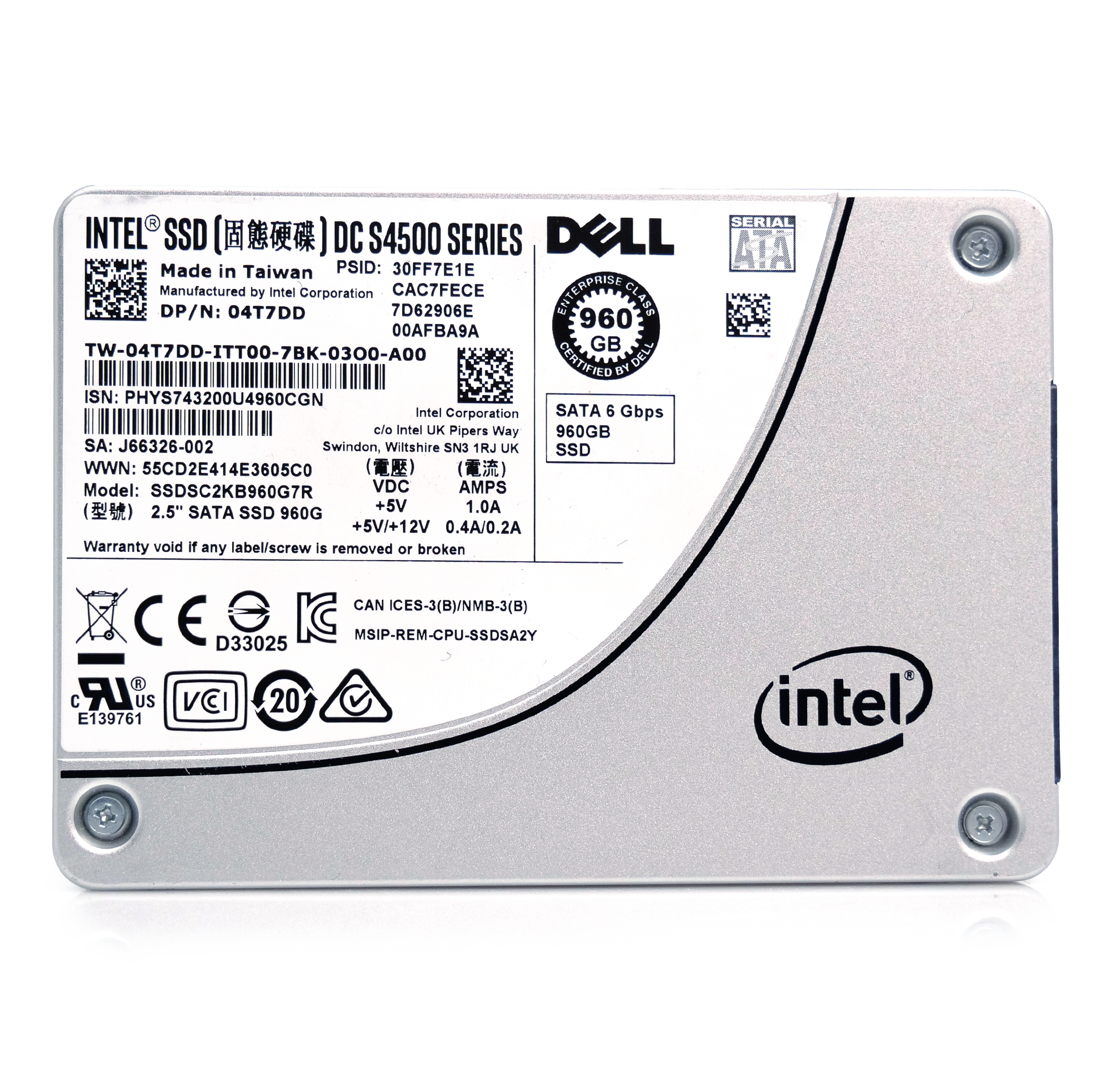 Dell SSDSC2KB960G7R 04T7DD 960GB 7.68 PBW SATA 6Gb/s 3D TLC 2.5in Refurbished Enterprise SSD