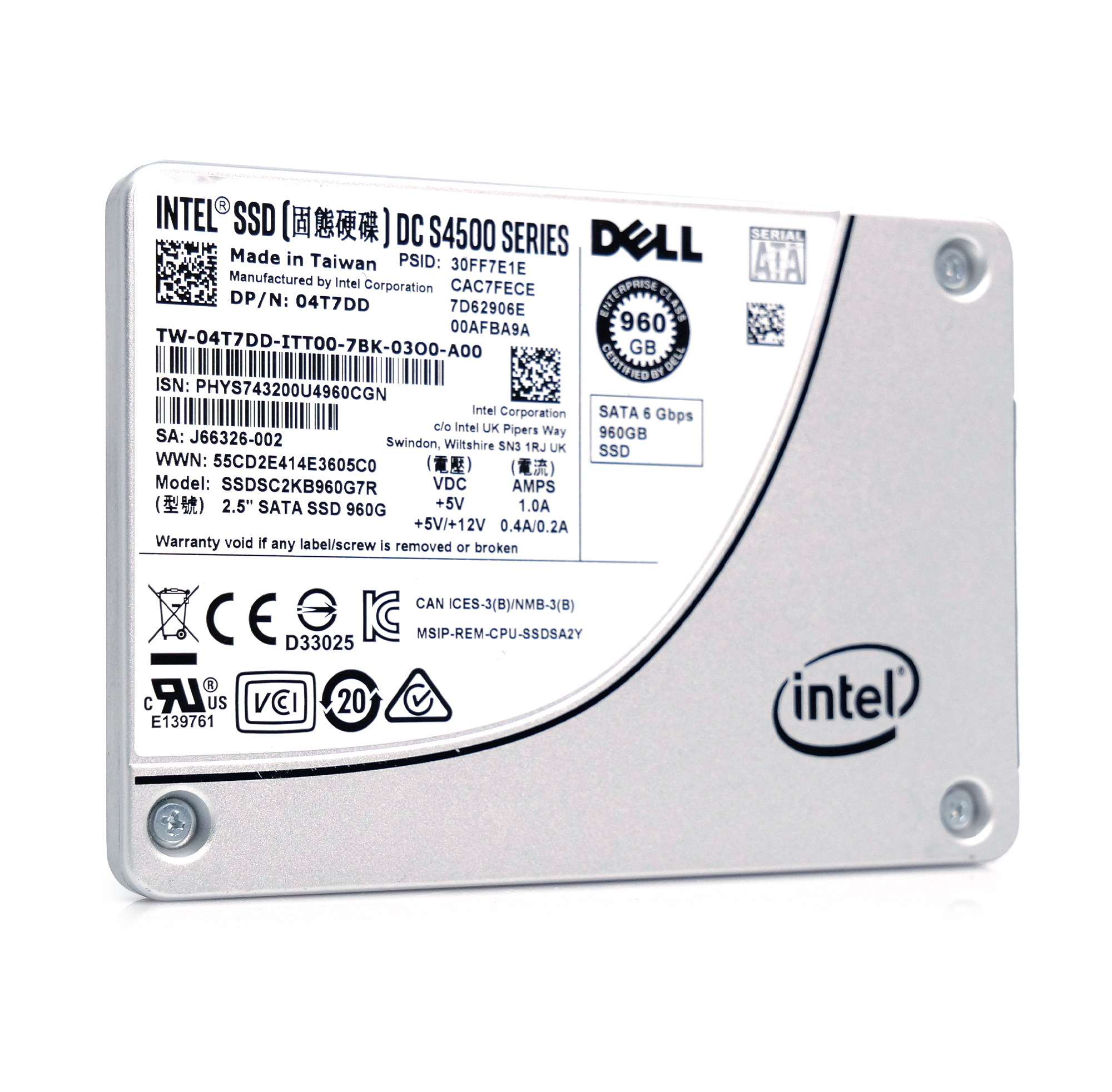 Dell SSDSC2KB960G7R 04T7DD 960GB 7.68 PBW SATA 6Gb/s 3D TLC 2.5in Refurbished Enterprise SSD