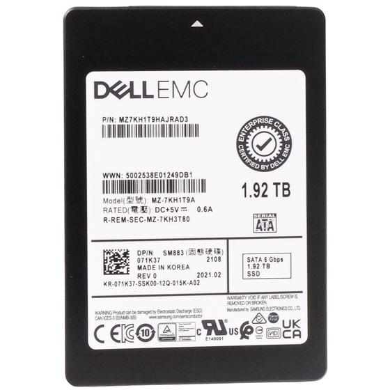 Dell/Samsung SM883 MZ7KH1T9HAJRAD3 1.92TB 3 DWPD SATA 6Gb/s MLC 2.5in Refurbished SSD