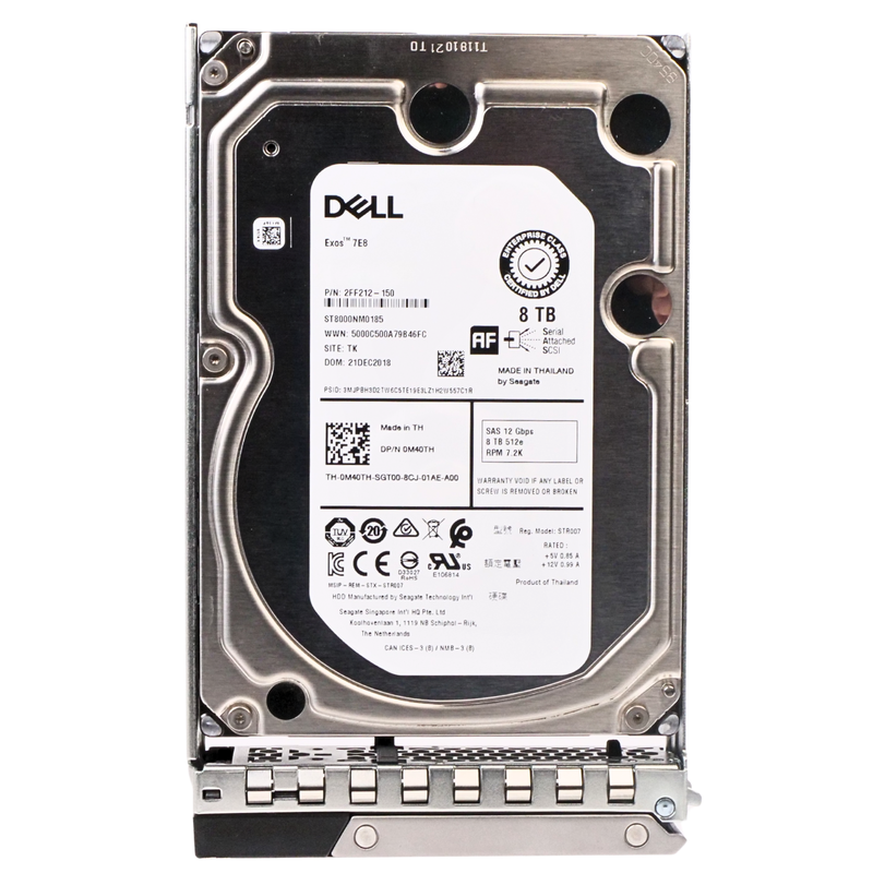 Dell 0M40TH 8TB 12Gbps SAS 3.5-inch hard drive, model ST8000NM0185, featuring a 7,200 RPM spindle speed and 512e format, in a PowerEdge server tray. 