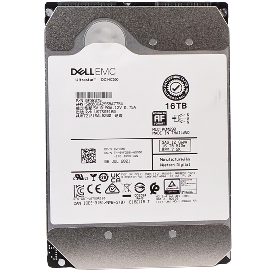 Dell/WD Ultrastar DC HC550 WUH721816AL5200 0F38375 16TB 7.2K RPM SAS 12Gb/s 512e 256MB 3.5in HDD