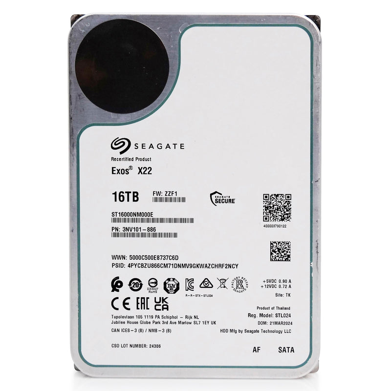 Seagate Exos X22 ST16000NM000E 16TB 7.2K RPM SATA 6Gb/s 512e FastFormat 3.5in Refurbished HDD