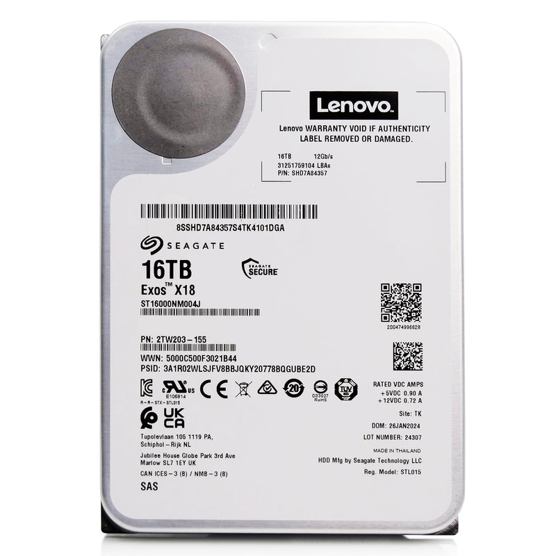 Seagate/Lenovo Exos X18 ST16000NM004J SHD7A84367 16TB 7.2K RPM SAS 12Gb/s 512e 3.5in Recertified Hard Drive
