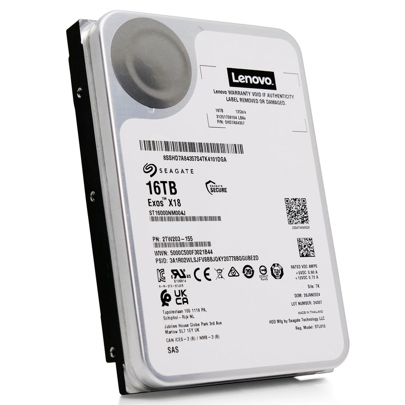 Seagate/Lenovo Exos X18 ST16000NM004J SHD7A84367 16TB 7.2K RPM SAS 12Gb/s 512e 3.5in Recertified Hard Drive