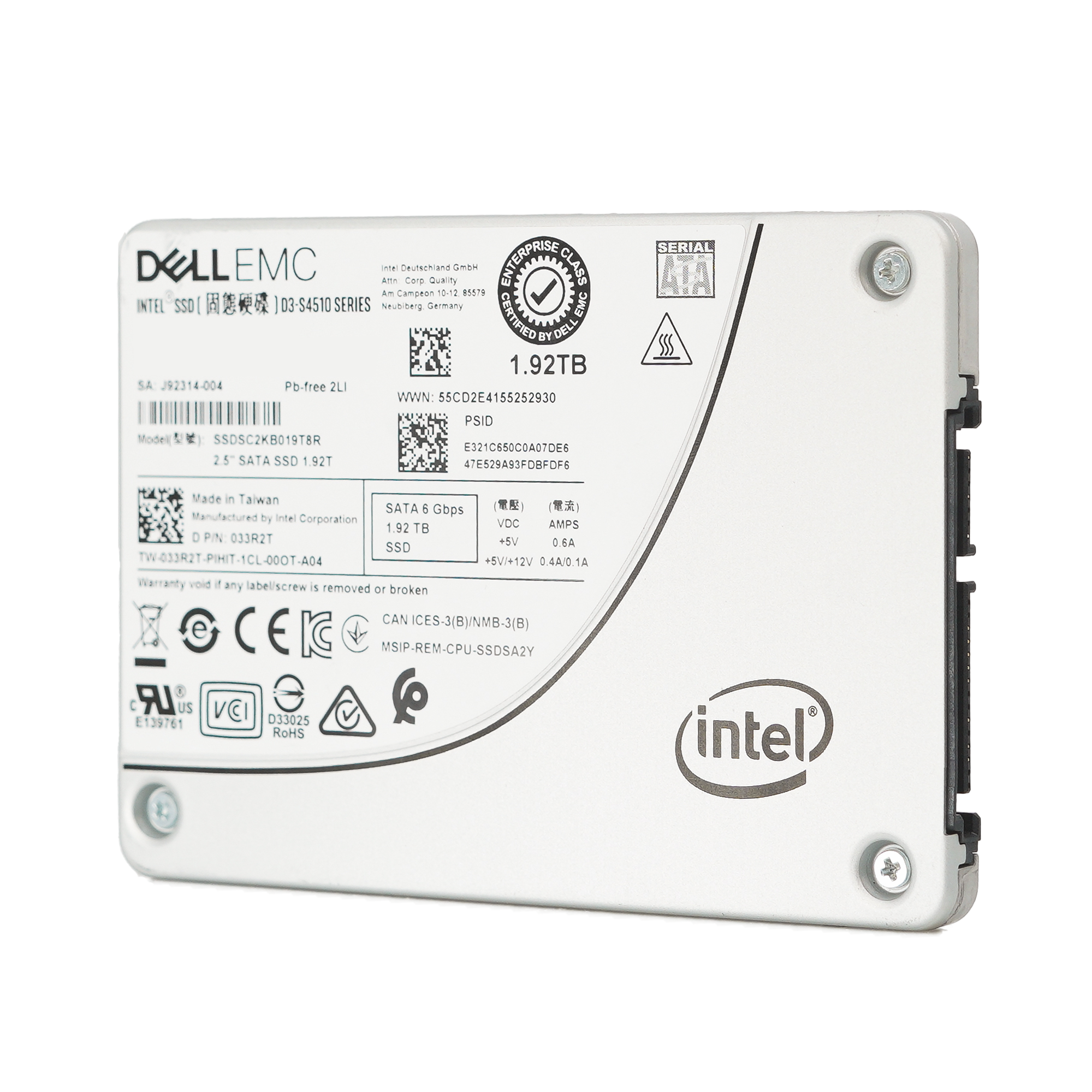 Dell S4510 33R2T SSDSC2KB019T8R 1.92TB SATA 6Gb/s 1DWPD Read Intensive 2.5in Refurbished SSD Brand	Dell Series	S4510 Model Number	33R2T Part Number	SSDSC2KB019T8R Form Factor	2.5" Capacity	1.92TB Interface	SATA 6Gb/s Spindle Speed	SSD