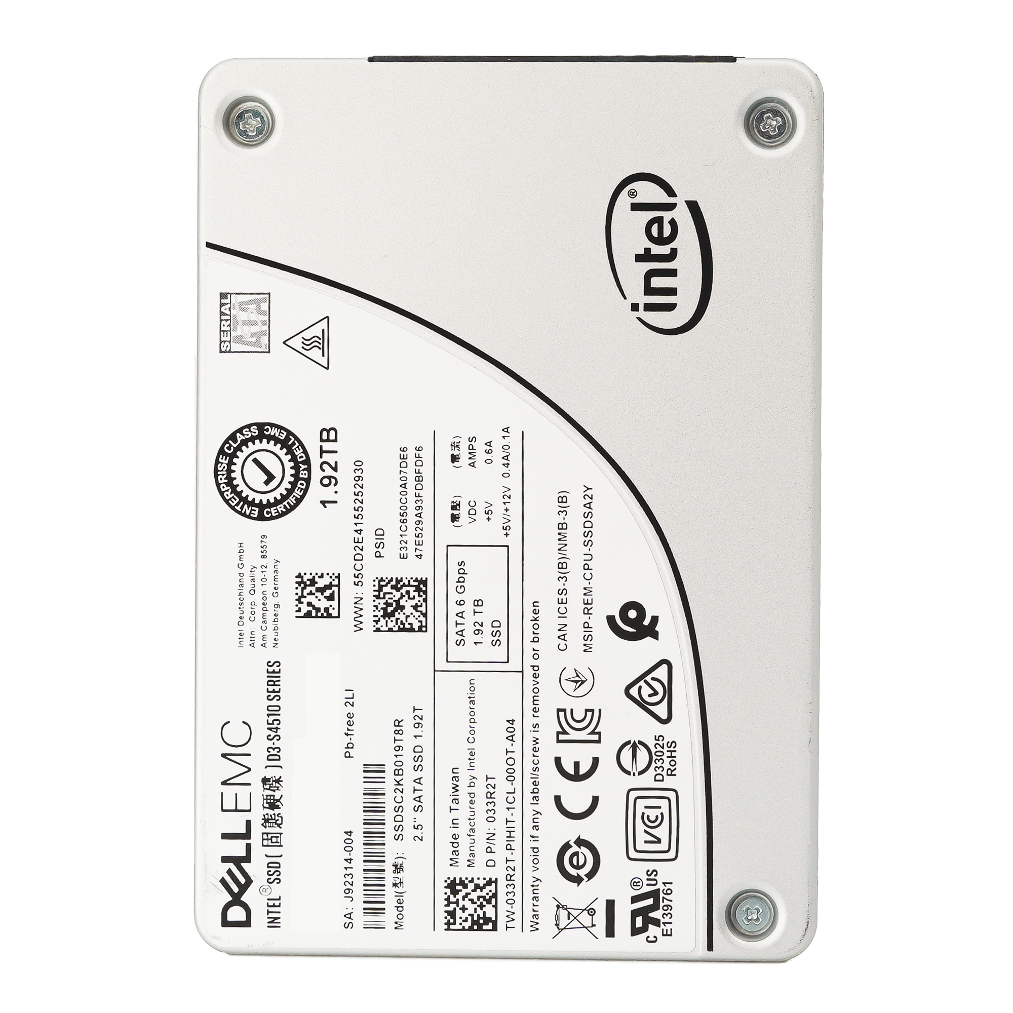 Dell S4510 33R2T SSDSC2KB019T8R 1.92TB SATA 6Gb/s 1DWPD Read Intensive 2.5in Refurbished SSD Brand	Dell Series	S4510 Model Number	33R2T Part Number	SSDSC2KB019T8R Form Factor	2.5" Capacity	1.92TB Interface	SATA 6Gb/s Spindle Speed	SSD