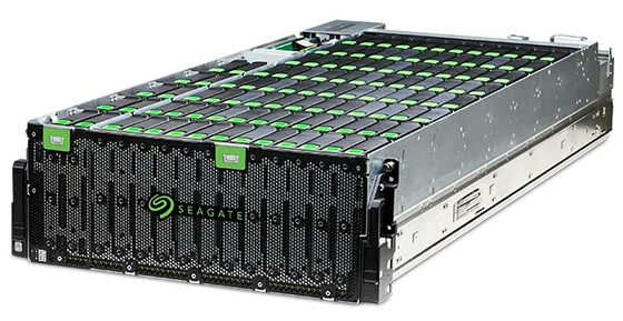 Seagate JBOD storage enclosure with drive bays open, angled view.