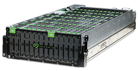 Seagate JBOD storage enclosure with drive bays open, angled view.