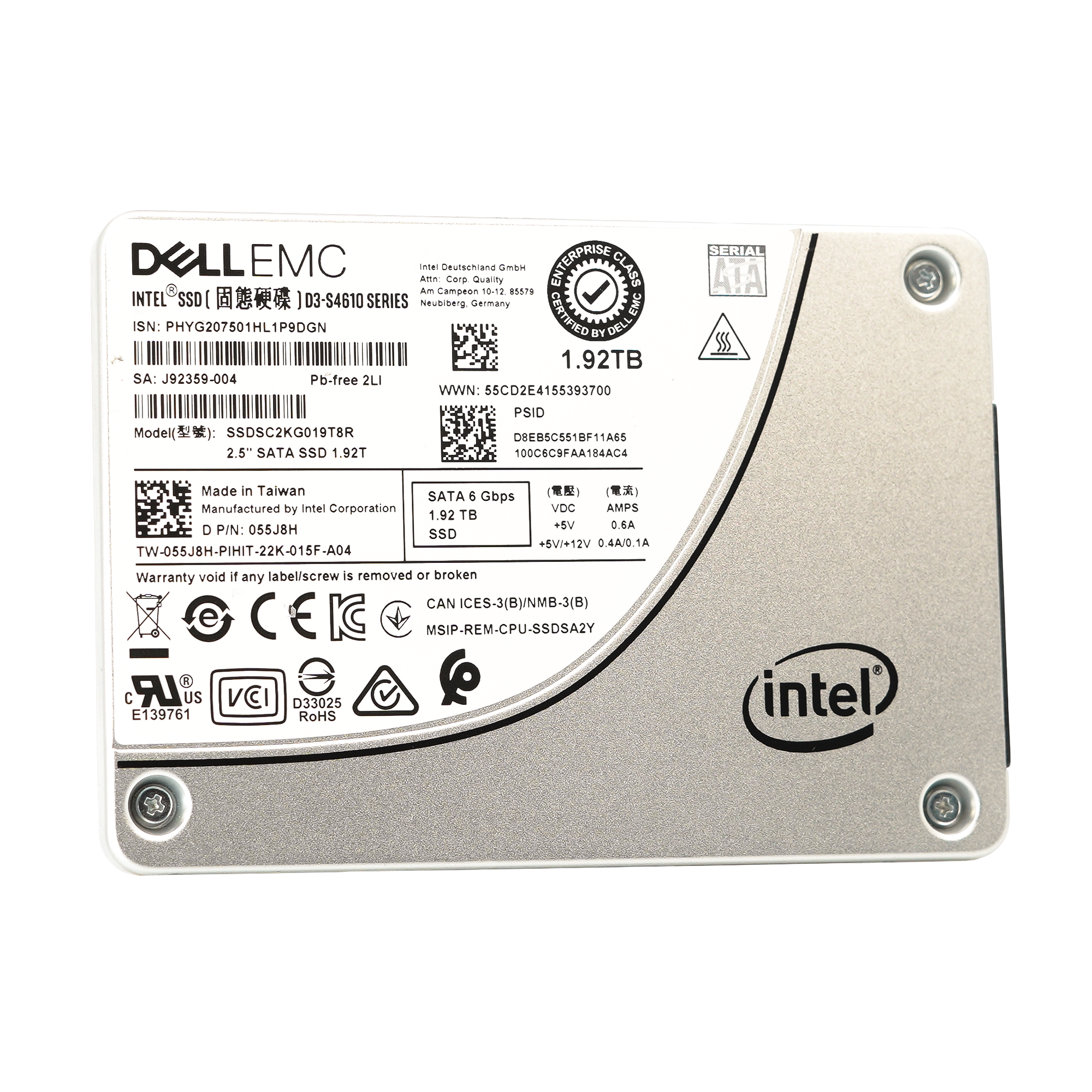 Dell S4610 55J8H SSDSC2KG019T8R 1.92TB SATA 6Gb/s 3DWPD Mixed Use 2.5in Refurbished SSD - Front View