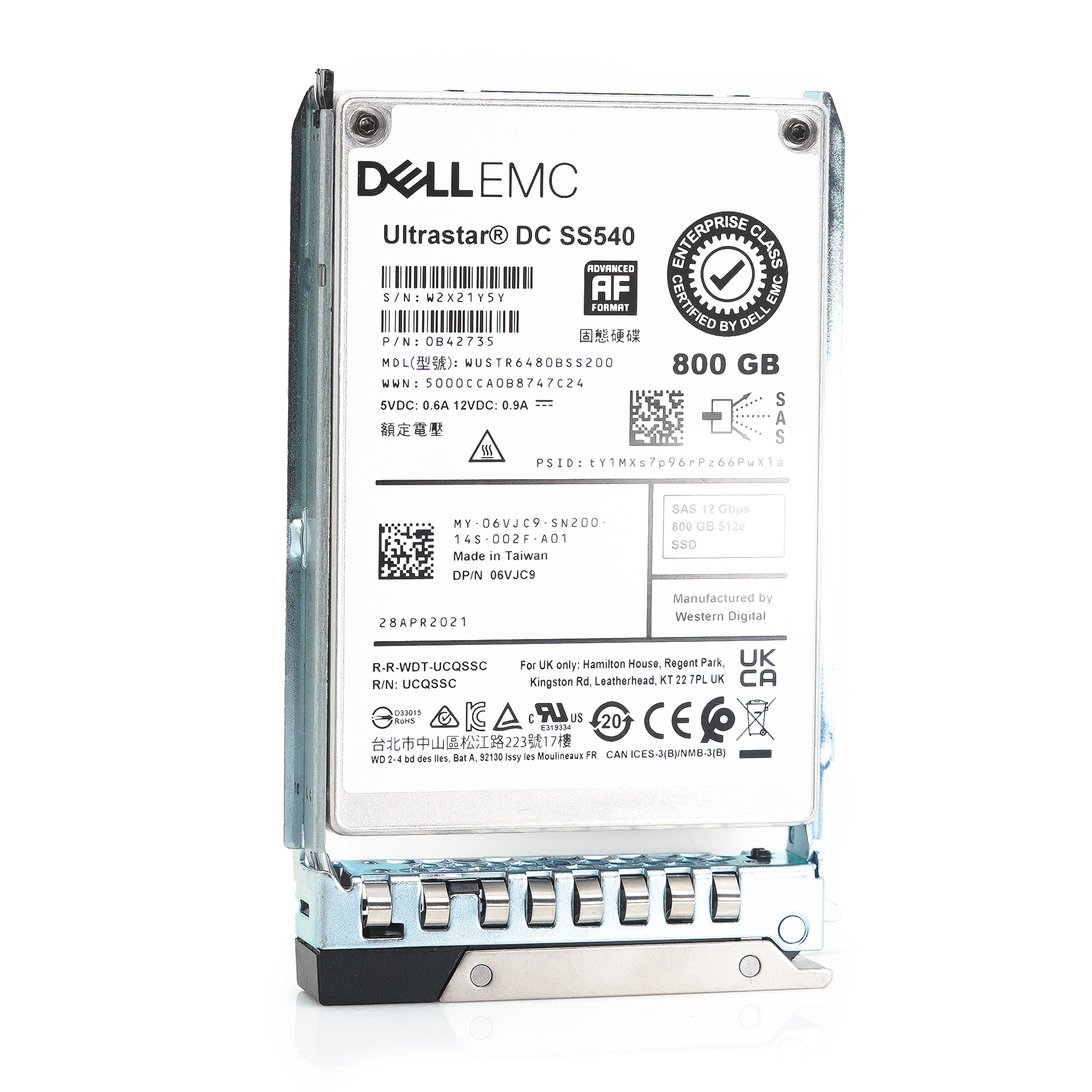 Dell G14 6VJC9 WUSTR6480BSS200 800GB SAS 12Gb/s 3DWPD Mixed Use 2.5in Refurbished SSD - Front Angle View