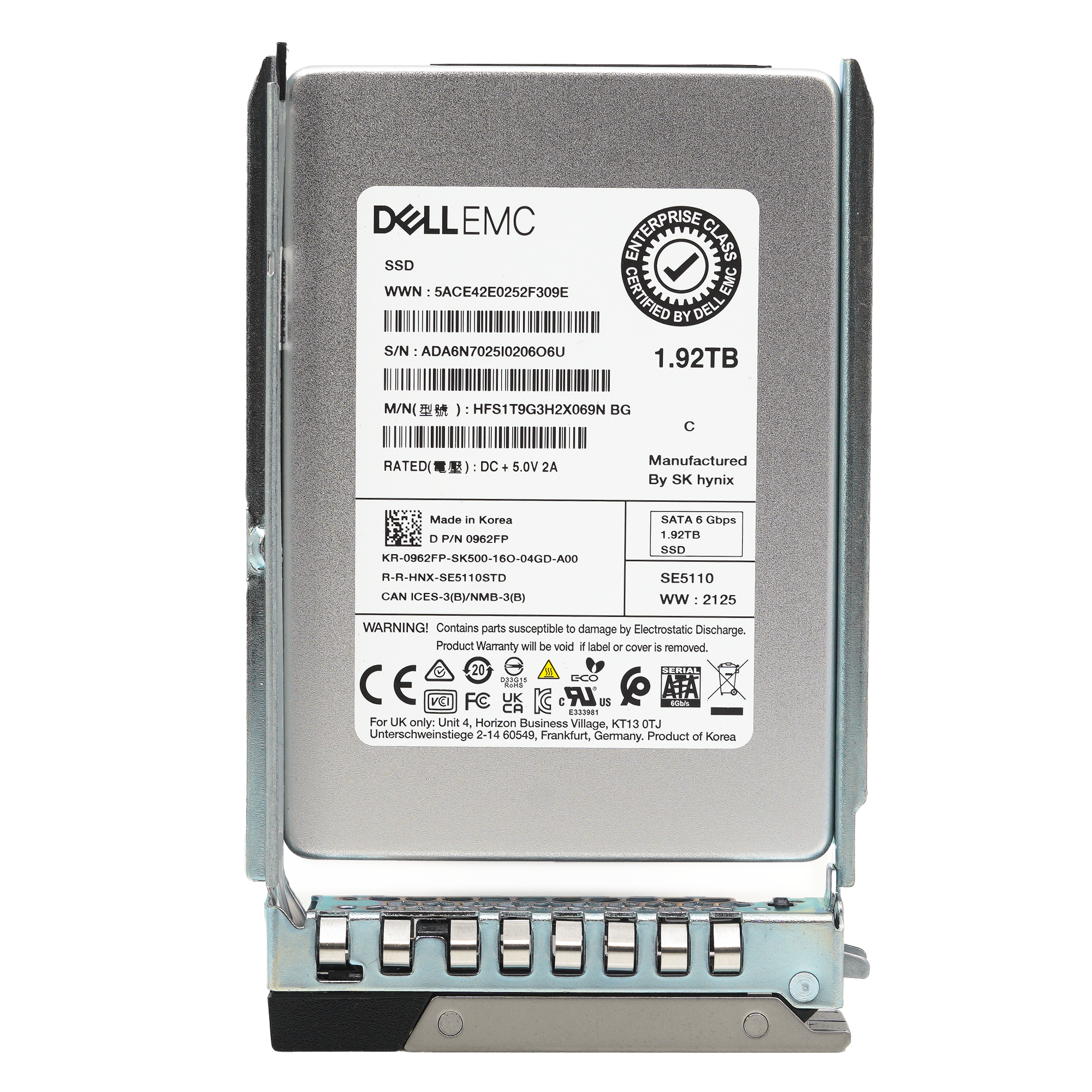 Dell G14 962FP HFS1T9G3H2X069N 1.92TB SATA 6Gb/s 1DWPD Read Intensive 2.5in Refurbished SSD - Front View