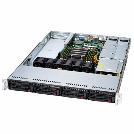 Front-angled view of open 1U server with four drive bays.