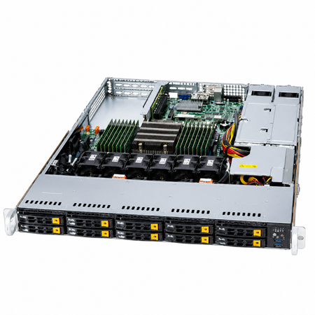 Front-angled view of open 1U server with ten 2.5-inch drive bays, fans, and CPU heatsink.