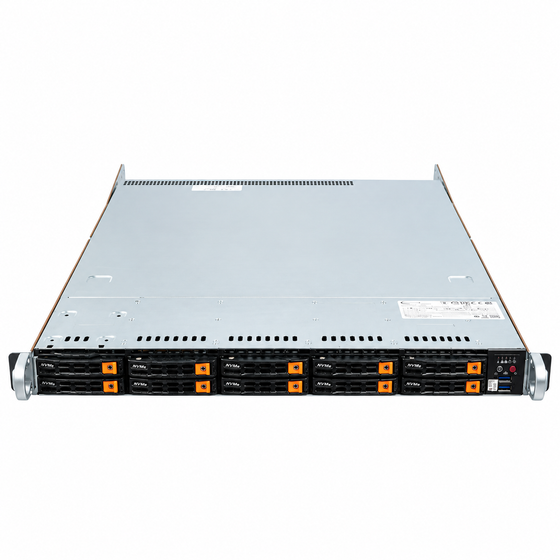 1U rack server with single 64-core CPU and ten 2.5-inch NVMe/SATA bays, closed top cover, front view from above