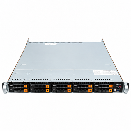 1U rack server with single 64-core CPU and ten 2.5-inch NVMe/SATA bays, closed top cover, front view from above