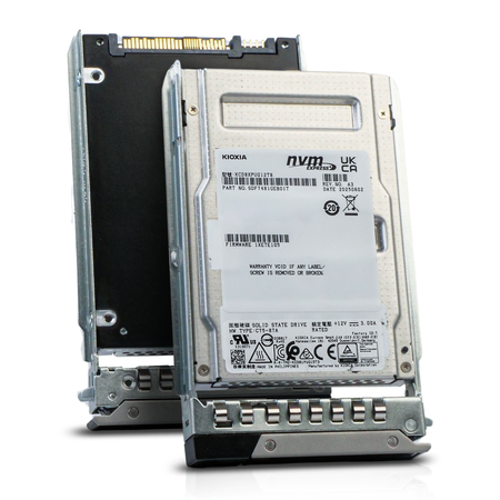 Kioxia CD8P-V KCD8XPUG12T8 12.8TBPCIe Gen 5.0 x4 16GB/s 3D TLC U.3 NVMe 2.5in SSD in Dell G14 Tray, combine angled view