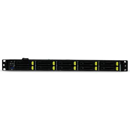 Front view of a 1U server with 10 yellow-tabbed drive trays.