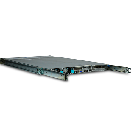 Angled rear view of a 1U server with rails.