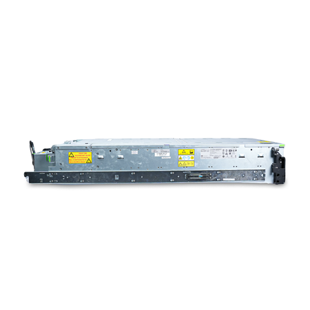 Side view of the Seagate 4U enclosure with mounted rail and warning labels.