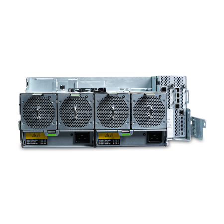 Rear view of the Seagate 4U enclosure with fan modules, power supplies, and controller.