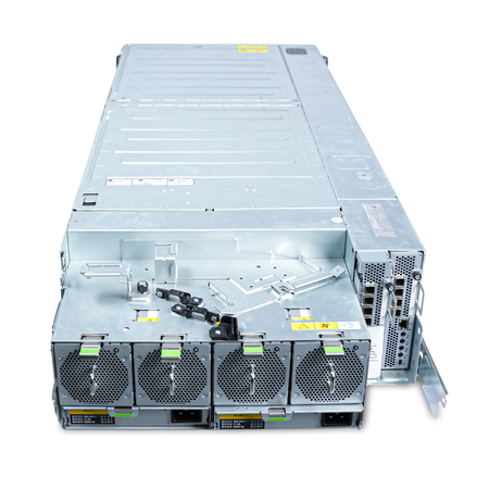 Elevated rear view of the Seagate 4U enclosure showing top cover, fans, and power supplies.
