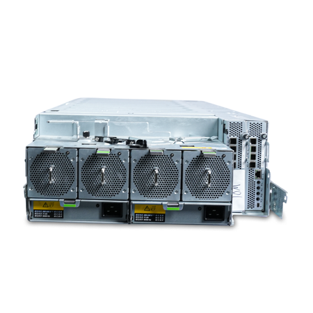 Elevated rear view of the Seagate 4U enclosure with fans and dual power supplies.
