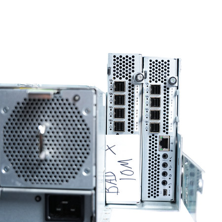 Close-up of the Seagate enclosure's I/O modules, one marked "BAD IOM."