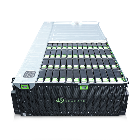 Seagate 4U enclosure with top-loading drive drawer open, showing rows of drive carriers.