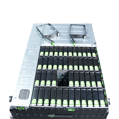 Top view of the Seagate enclosure's drive drawer with two drive carriers removed.