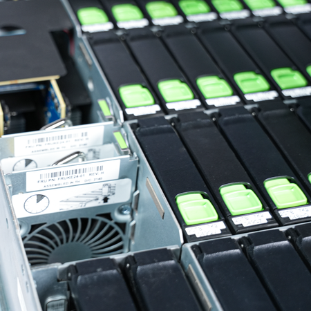 Close-up of drive carriers and internal fan modules inside the Seagate enclosure.