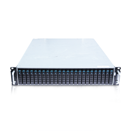 Elevated front view of a 2U server with 24 drive bays and rack handles.