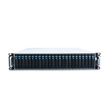 Straight-on front view of a 2U server with 24 drive bays and rack handles.