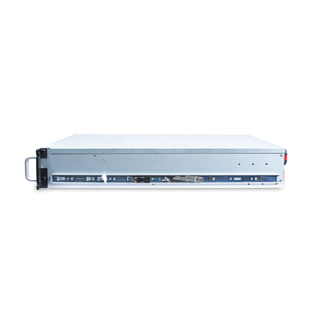 Side view of a 2U server with mounted rail and rack handle.