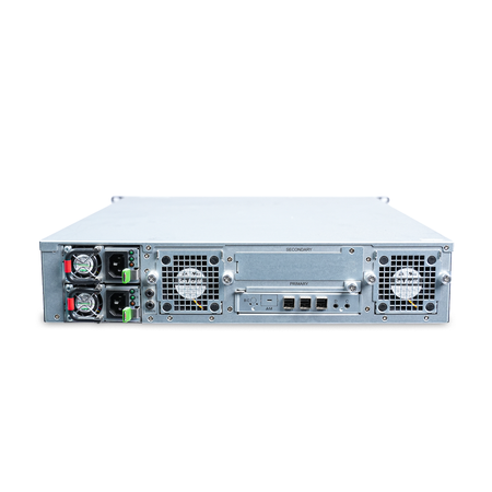 Rear view of a 2U server with dual PSUs and primary controller.